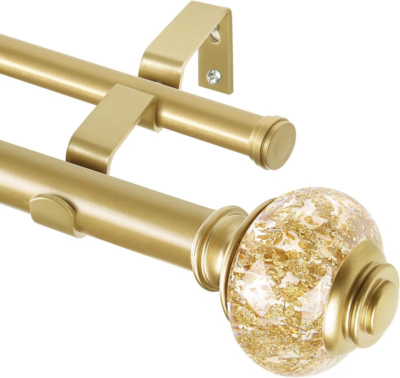 USFOOK 1 Inch Gold Double Curtain Rods 72 to 144 Inches (6 to 12 ft), Drapery Rods for Windows, Telescoping Dual Curtain Rod with Luxury Translucent Finials - Image 1